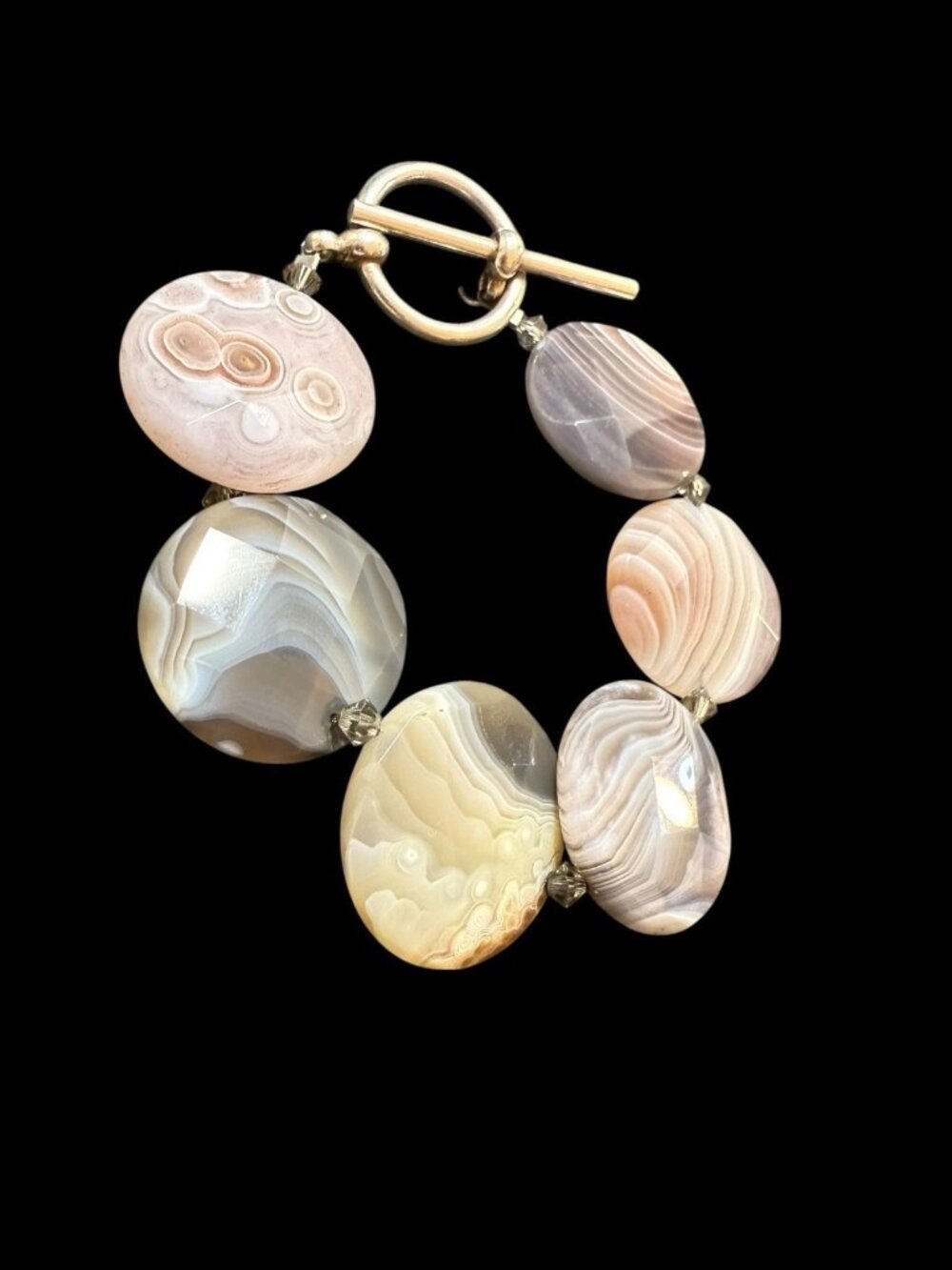 925 Silver Round Disc Agate Beaded Toggle Bracelet 7.5”